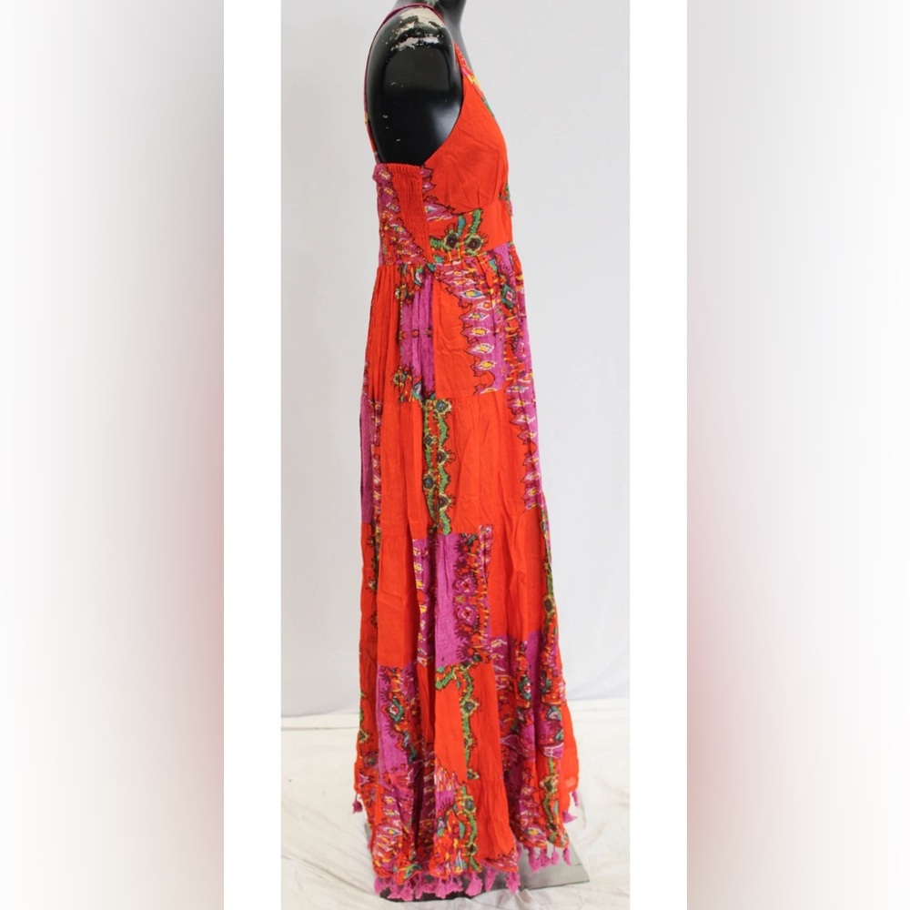 Anthropologie Barok Paris Beaded Tiered Maxi Dress Orange Pink Boho Small - Picture 12 of 14